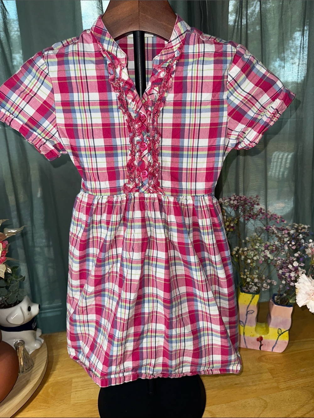 Crazy 8 Girls Pink Plaid Ruffle-Front Short Sleeve Dress